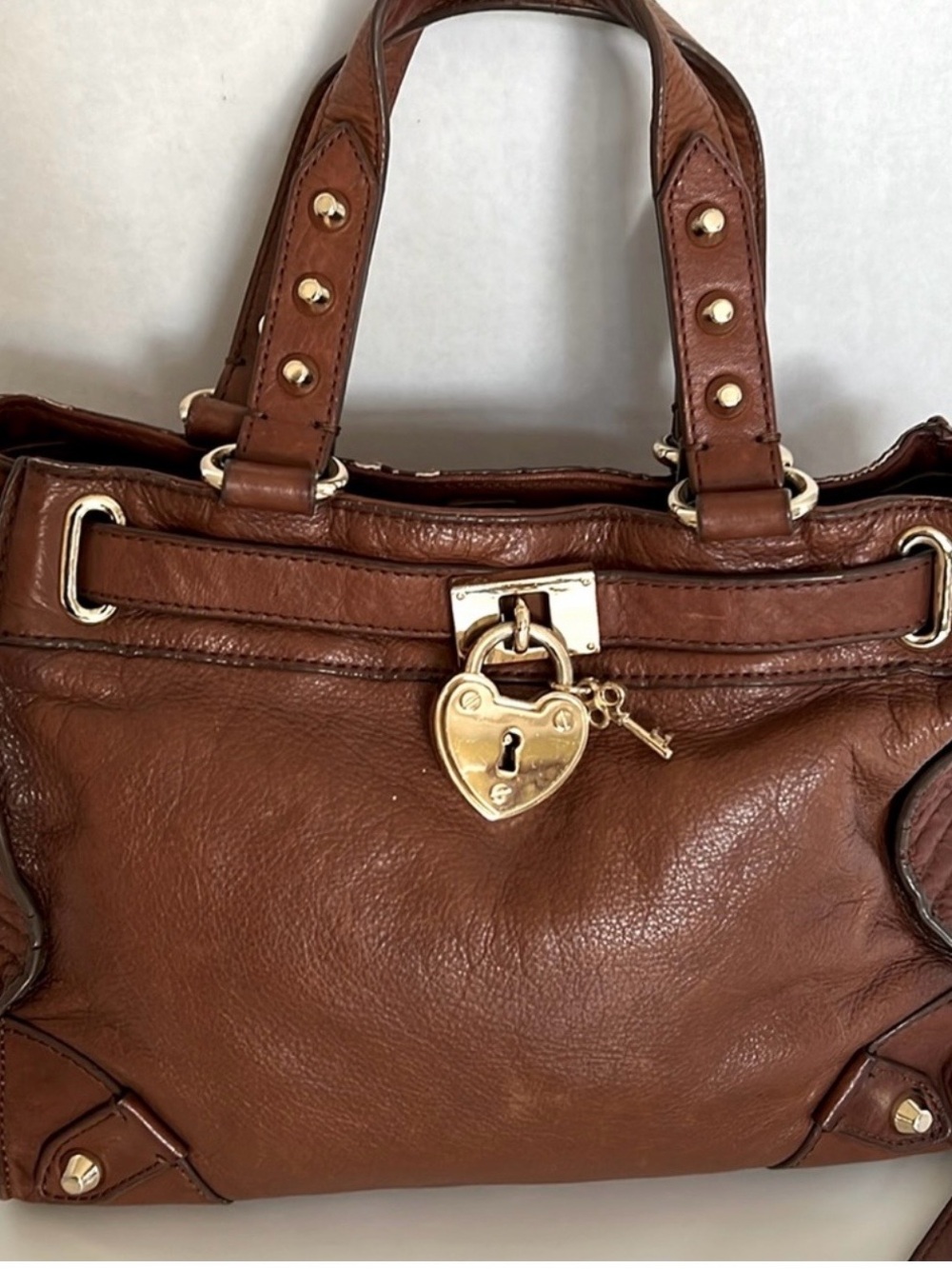Vintage Juicy Couture Brown Leather Y2K Heart Lock Crossbody Bag Gold Chain
